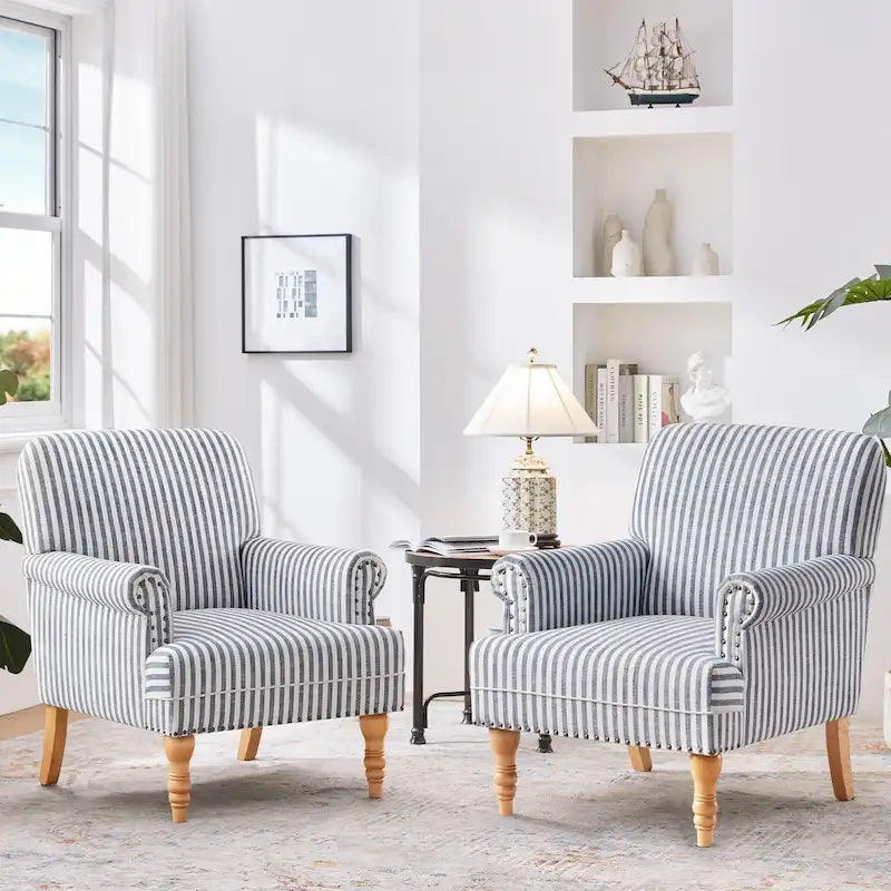 Juego de 2 sillones decorativos con brazos enrollados, azul/gris/marrón
