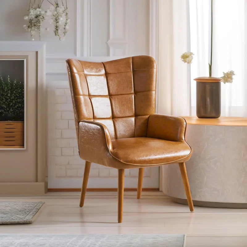 Sillón decorativo de respaldo alto HUIMO, silla moderna con respaldo alado de piel sintética