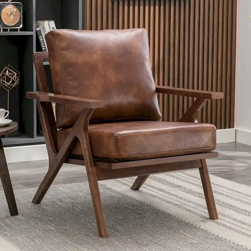 Ebello Upholstered Leather Accent Armhair with Solid Wood Frame and Removable Cushions