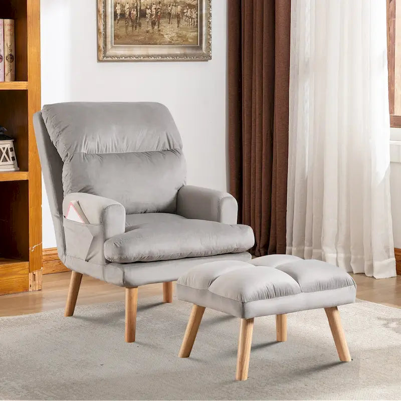 Sillón de tela de terciopelo con otomana, respaldo ajustable y bolsillos laterales
