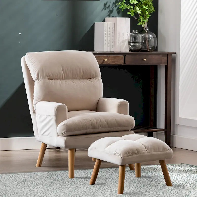 Sillón de tela de terciopelo con otomana, respaldo ajustable y bolsillos laterales