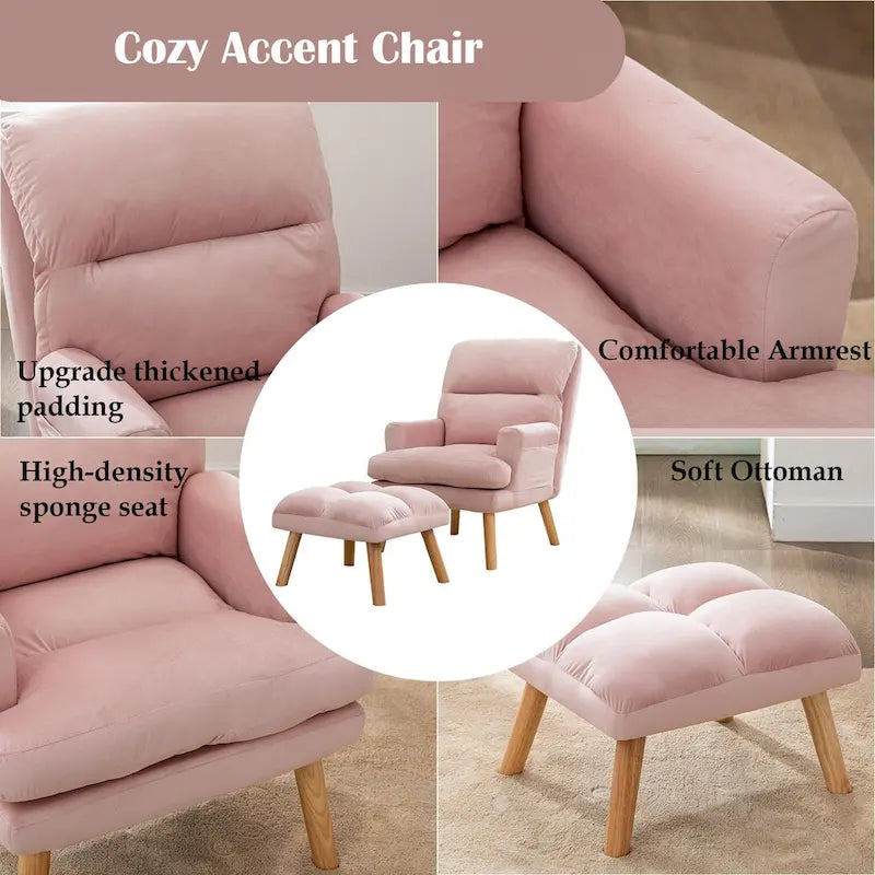 Velvet Fabric Armchair with Ottoman with Adjustable Backrest and Side Pockets
