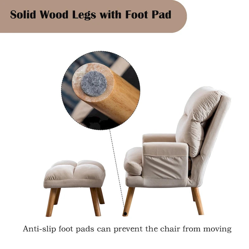 Velvet Fabric Armchair with Ottoman with Adjustable Backrest and Side Pockets