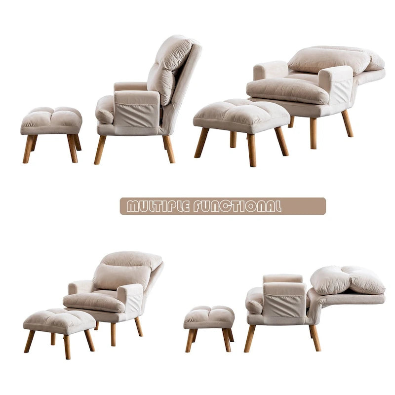 Velvet Fabric Armchair with Ottoman with Adjustable Backrest and Side Pockets