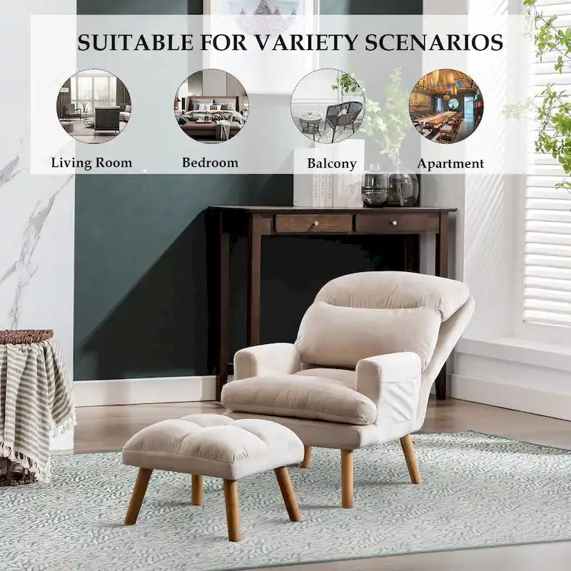 Velvet Fabric Armchair with Ottoman with Adjustable Backrest and Side Pockets