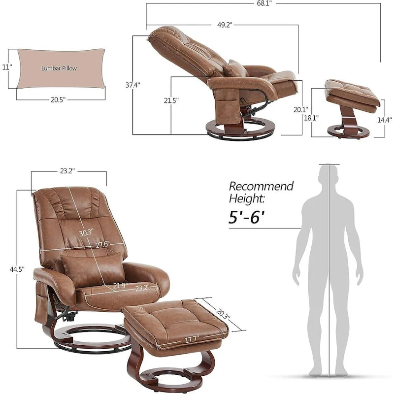 MCombo Swivel Recliners with Ottoman, Vibration Massage TV Chairs, Ergonomic Lounge Chair for Living Room, Faux Leather 4877