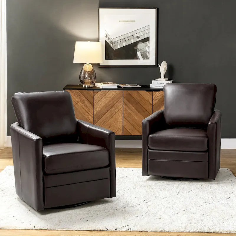 Juego de 2 sillones tipo barril giratorios de cuero sintético de estilo transicional Terrance, con base de metal