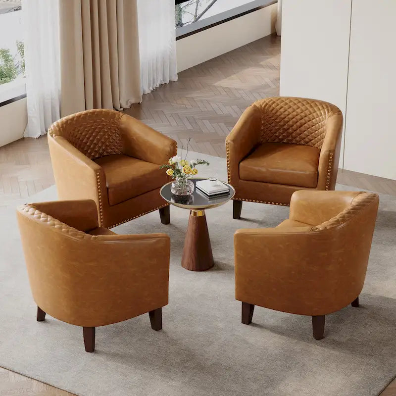 Axia 4 Set Modern Faux Leather Barrel Accent Chair with Wood Legs