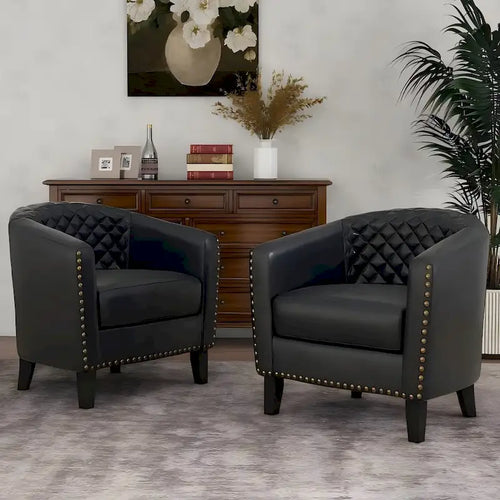 Juego de 4 sillas decorativas modernas tipo barril de piel sintética Axia con patas de madera