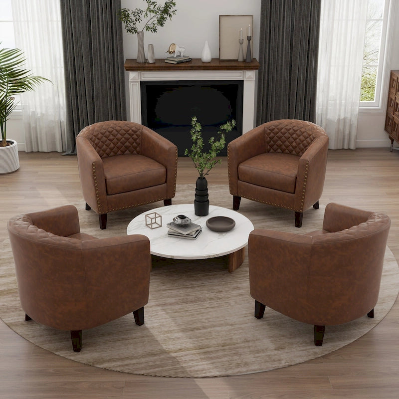 Axia 4 Set Modern Faux Leather Barrel Accent Chair with Wood Legs