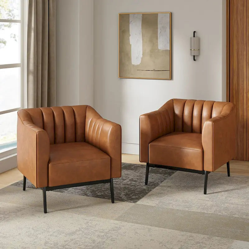 Alfons Industrial Leather Chair with Channel Tufting and Metal Leg Set of 2 by HULALA HOME