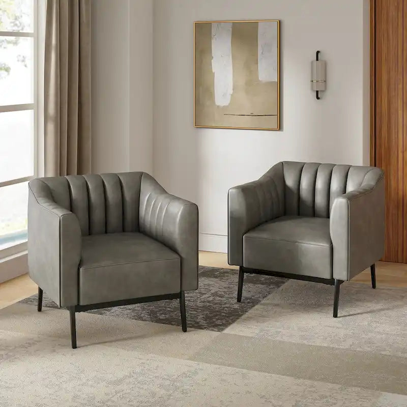 Alfons Industrial Leather Chair with Channel Tufting and Metal Leg Set of 2 by HULALA HOME