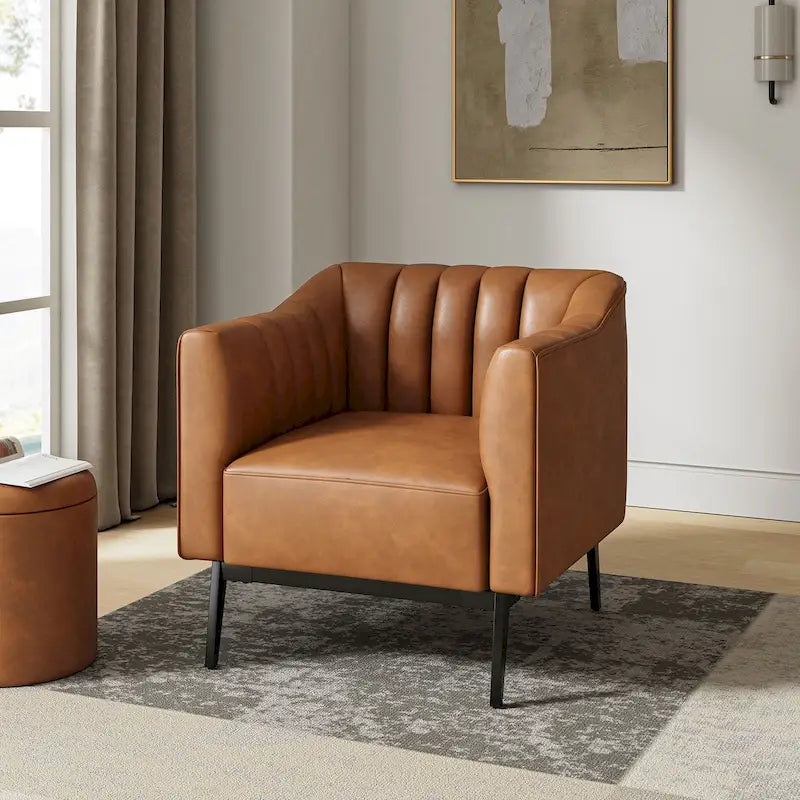 Alfons Industrial Leather Chair with Channel Tufting and Metal Leg by HULALA HOME