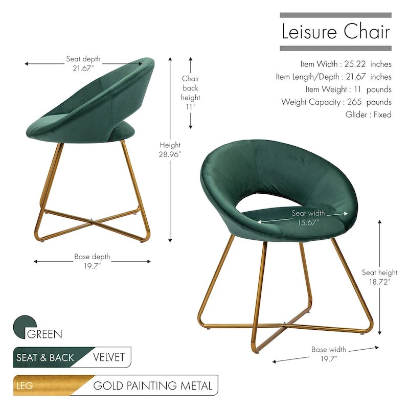 Porthos Home Reine Leisure Accent Chair, Velvet Upholstery, Gold Legs