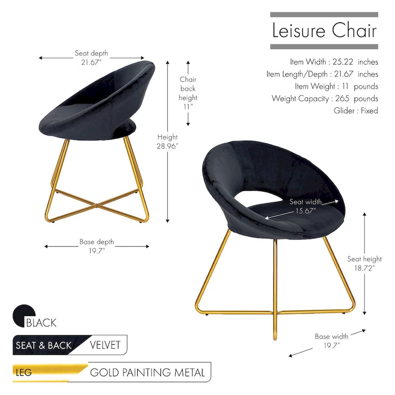 Porthos Home Reine Leisure Accent Chair, Velvet Upholstery, Gold Legs