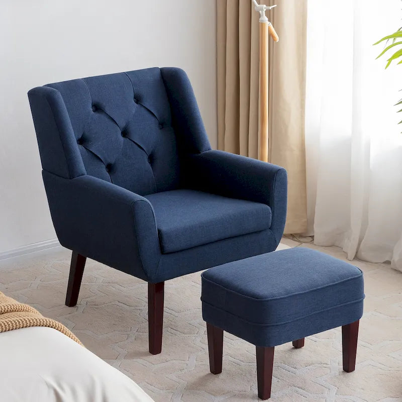 Juego de sillón decorativo y otomana de tela HUIMO, gris/beige/azul/verde azulado oscuro