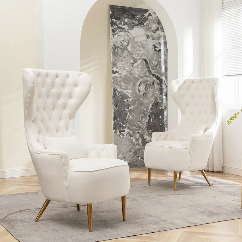Juego de 2 sillones decorativos KINWELL con respaldo alto y alas, capitonados, de terciopelo