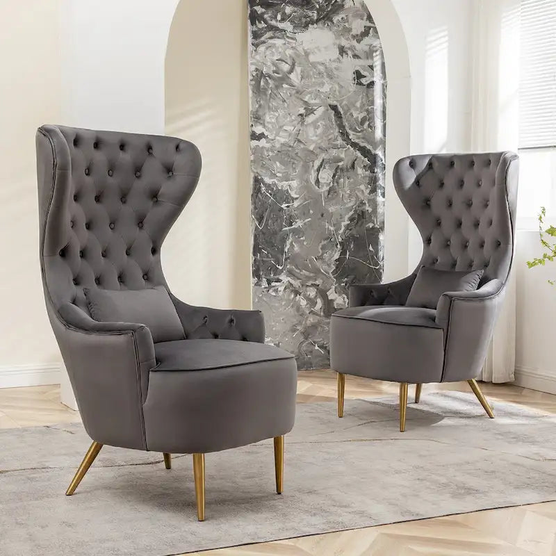 Set van 2 KINWELL fluwelen accentstoelen met hoge vleugelrug en knoopstiksels