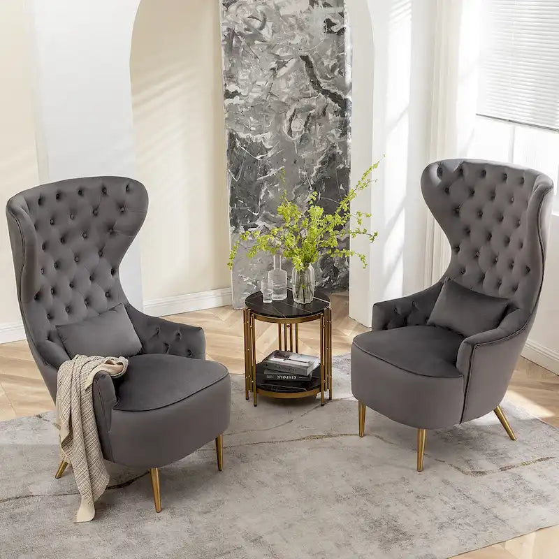 Set van 2 KINWELL fluwelen accentstoelen met hoge vleugelrug en knoopstiksels