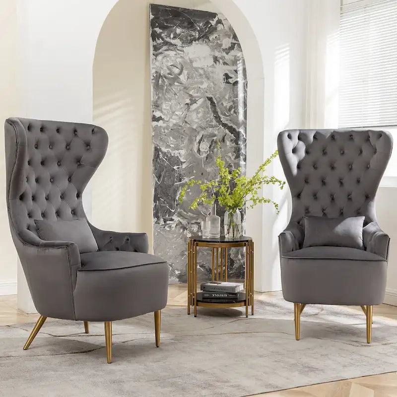Set van 2 KINWELL fluwelen accentstoelen met hoge vleugelrug en knoopstiksels