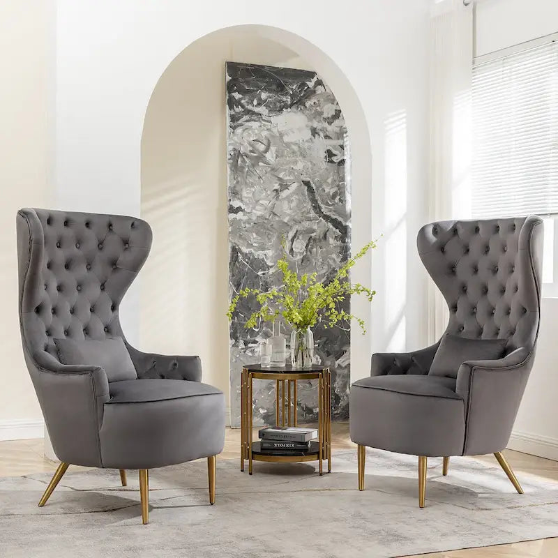 Set van 2 KINWELL fluwelen accentstoelen met hoge vleugelrug en knoopstiksels