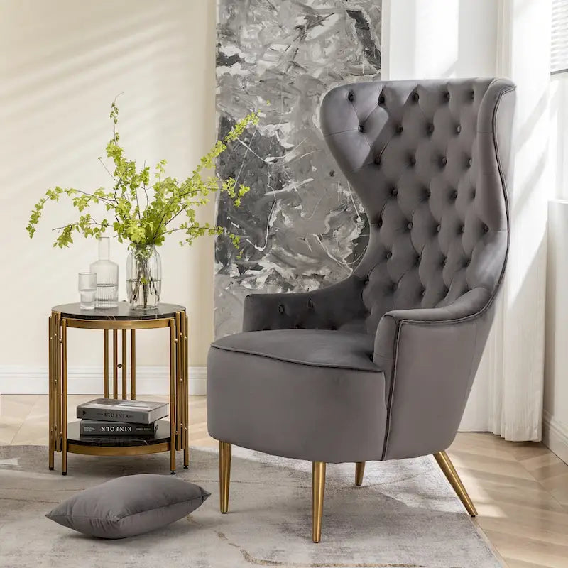 Set van 2 KINWELL fluwelen accentstoelen met hoge vleugelrug en knoopstiksels