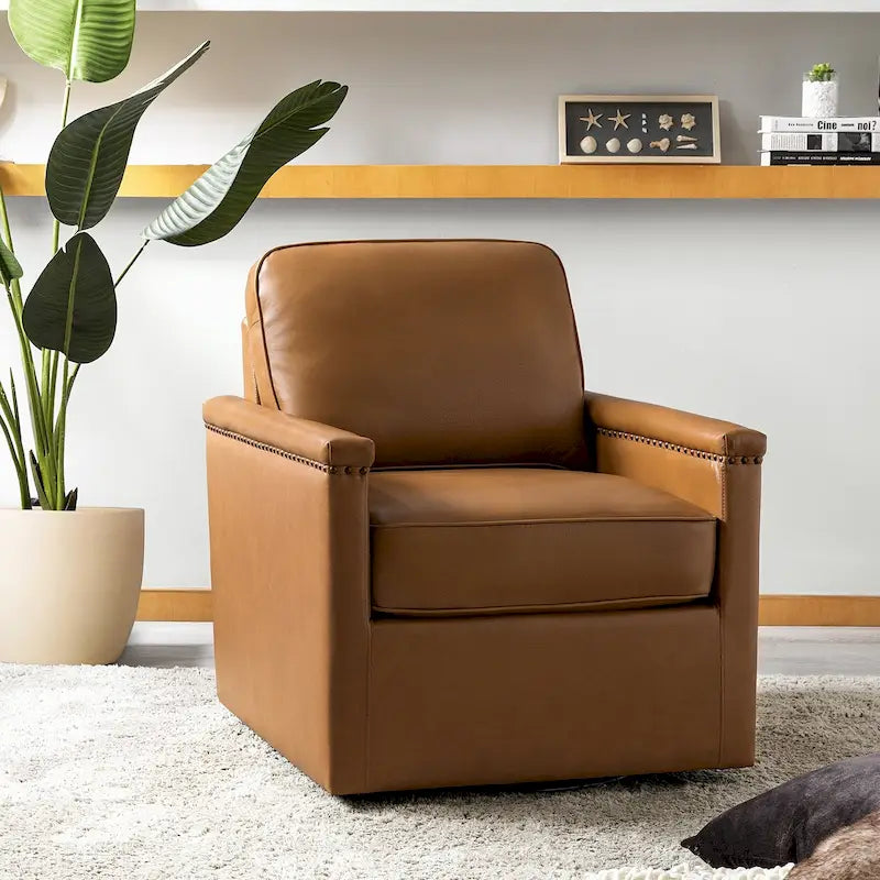 Rita Classic Genuine Leather Swivel Armchair With Nailhead Trims By HULALA HOME