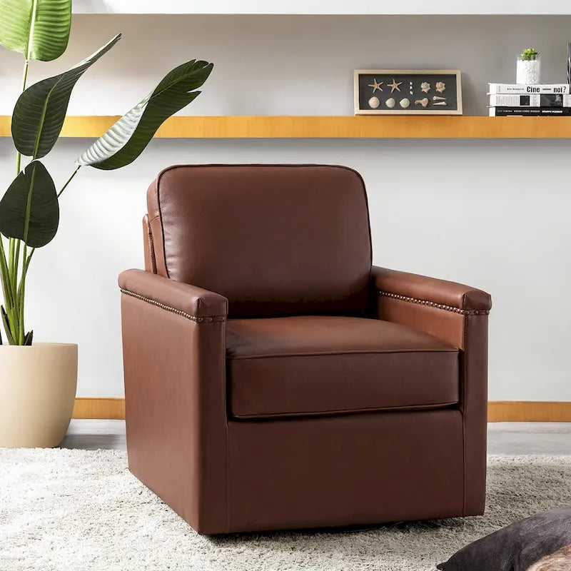 Rita Classic Genuine Leather Swivel Armchair With Nailhead Trims By HULALA HOME