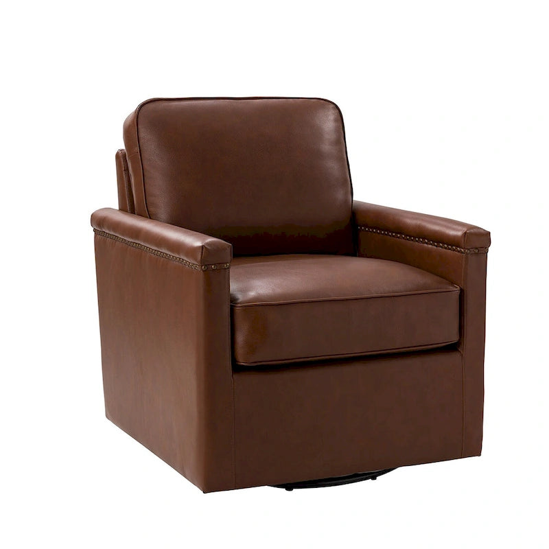 Rita Classic Genuine Leather Swivel Armchair With Nailhead Trims By HULALA HOME