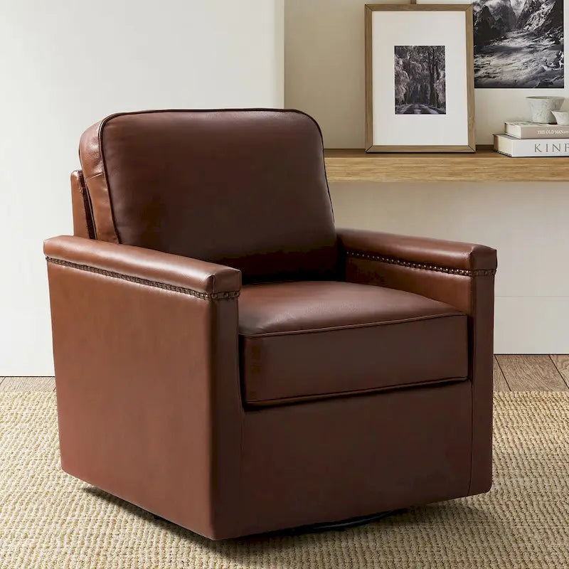 Rita Classic Genuine Leather Swivel Armchair With Nailhead Trims By HULALA HOME