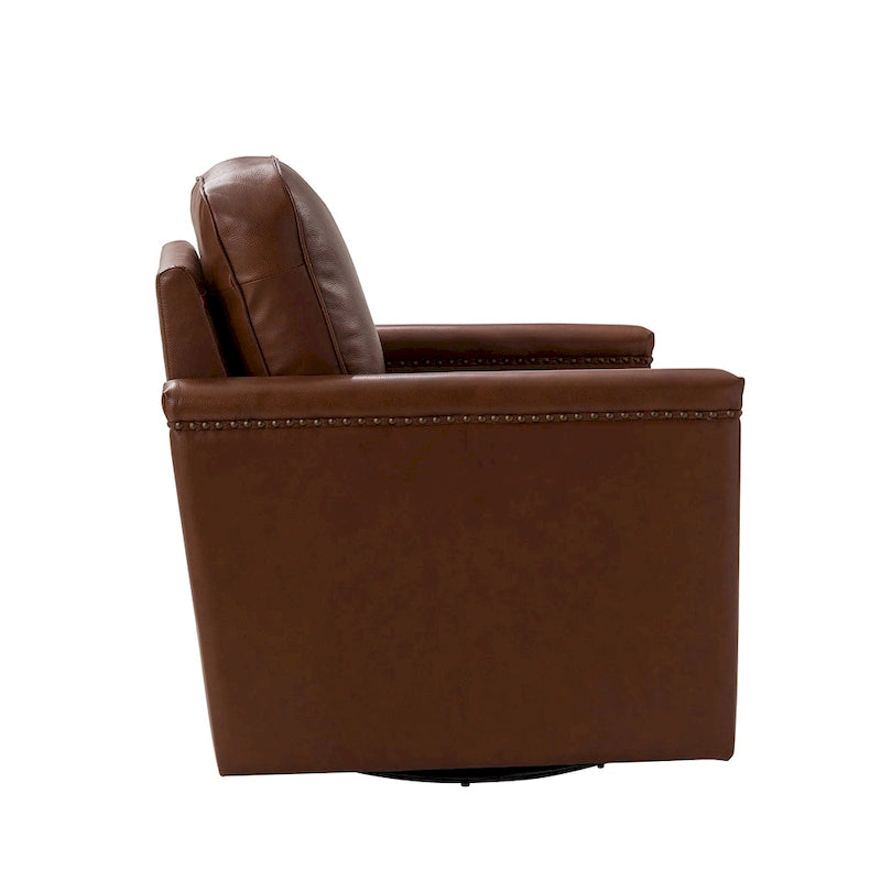 Rita Classic Genuine Leather Swivel Armchair With Nailhead Trims By HULALA HOME