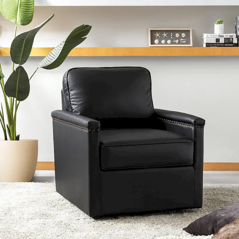 Rita Classic Genuine Leather Swivel Armchair With Nailhead Trims By HULALA HOME