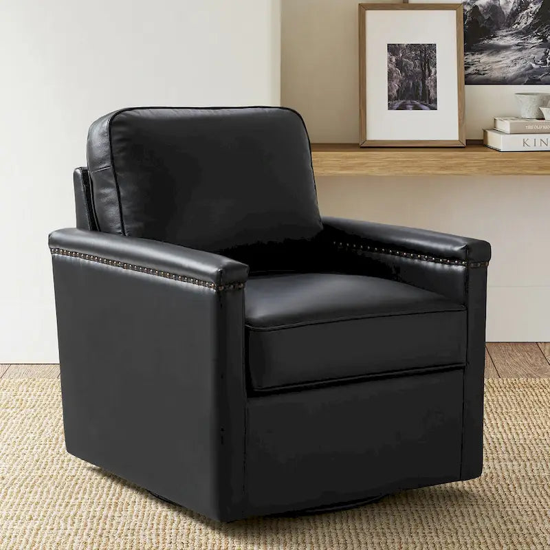 Rita Classic Genuine Leather Swivel Armchair With Nailhead Trims By HULALA HOME