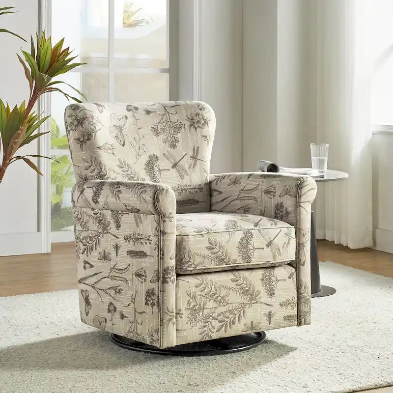 Fauteuil à bascule pivotant Georg en tissu floral confortable, avec accoudoirs roulés, par HULALA HOME