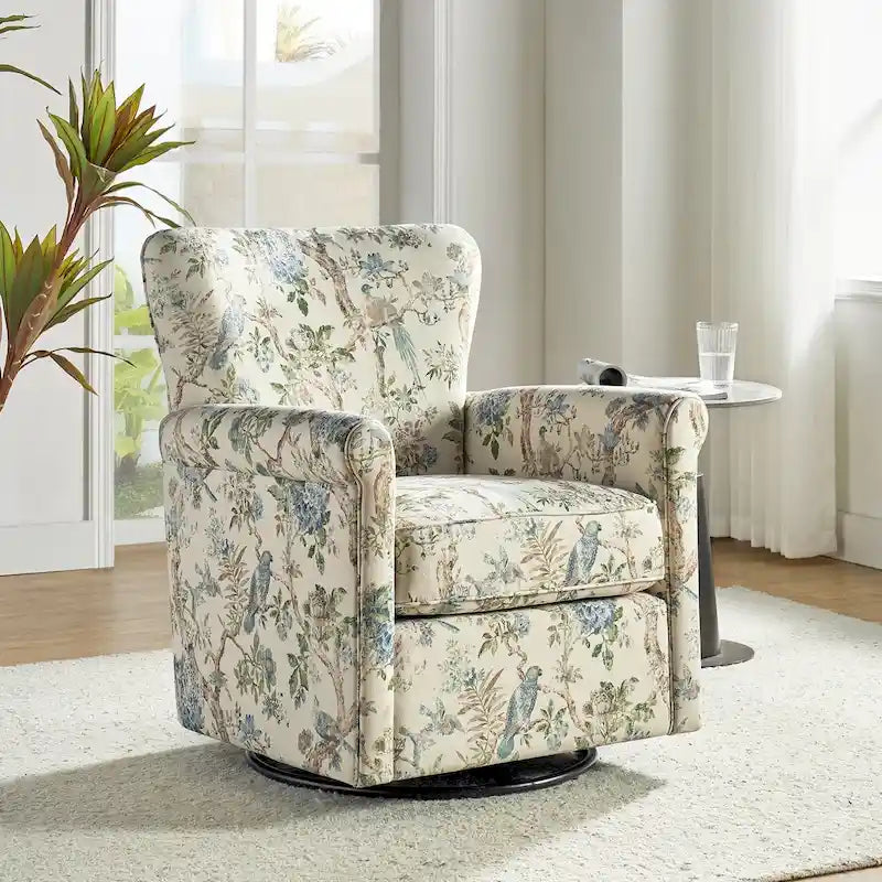 Georg Comfortable Floral Fabric Swivel Rocker Chair with Rolled Armrest by HULALA HOME