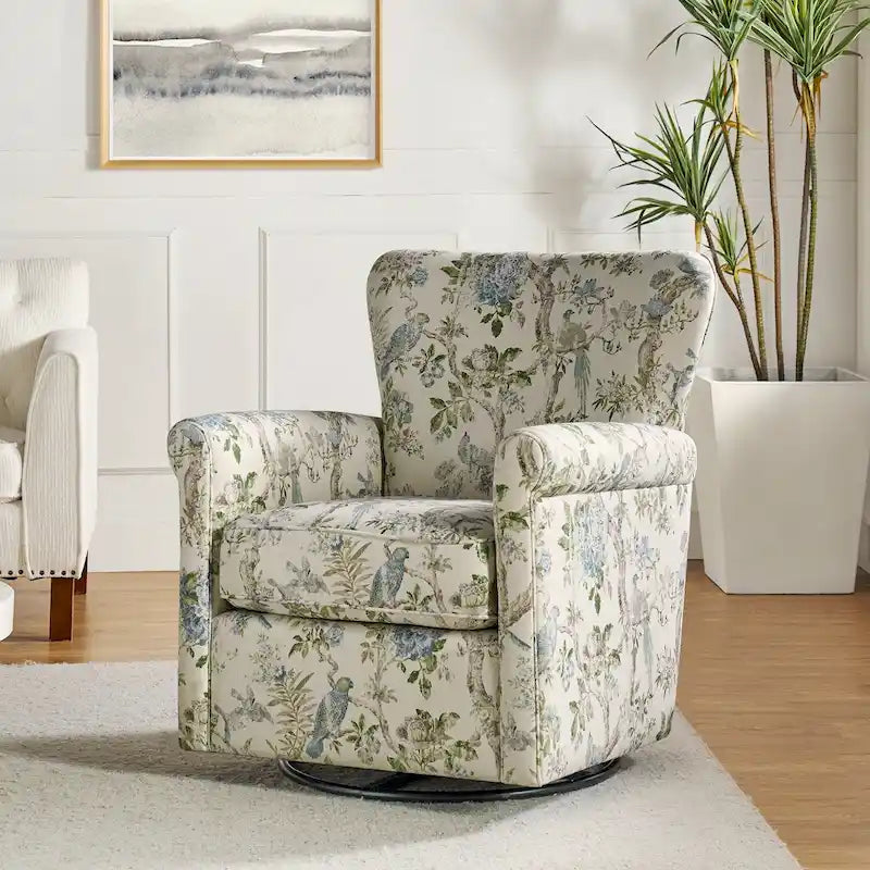 Georg Comfortable Floral Fabric Swivel Rocker Chair with Rolled Armrest by HULALA HOME