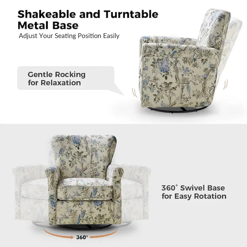 Georg Comfortable Floral Fabric Swivel Rocker Chair with Rolled Armrest by HULALA HOME