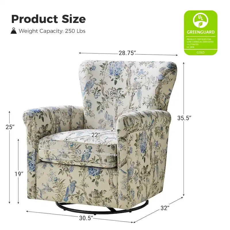 Georg Comfortable Floral Fabric Swivel Rocker Chair with Rolled Armrest by HULALA HOME