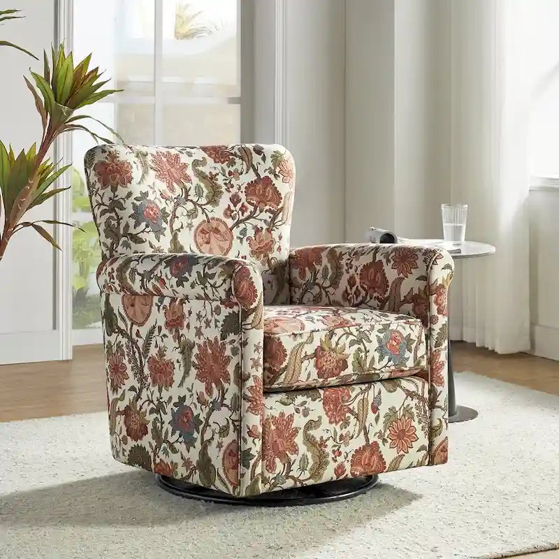 Georg Comfortable Floral Fabric Swivel Rocker Chair with Rolled Armrest by HULALA HOME