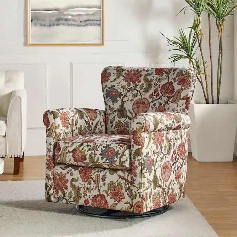 Georg Comfortable Floral Fabric Swivel Rocker Chair with Rolled Armrest by HULALA HOME