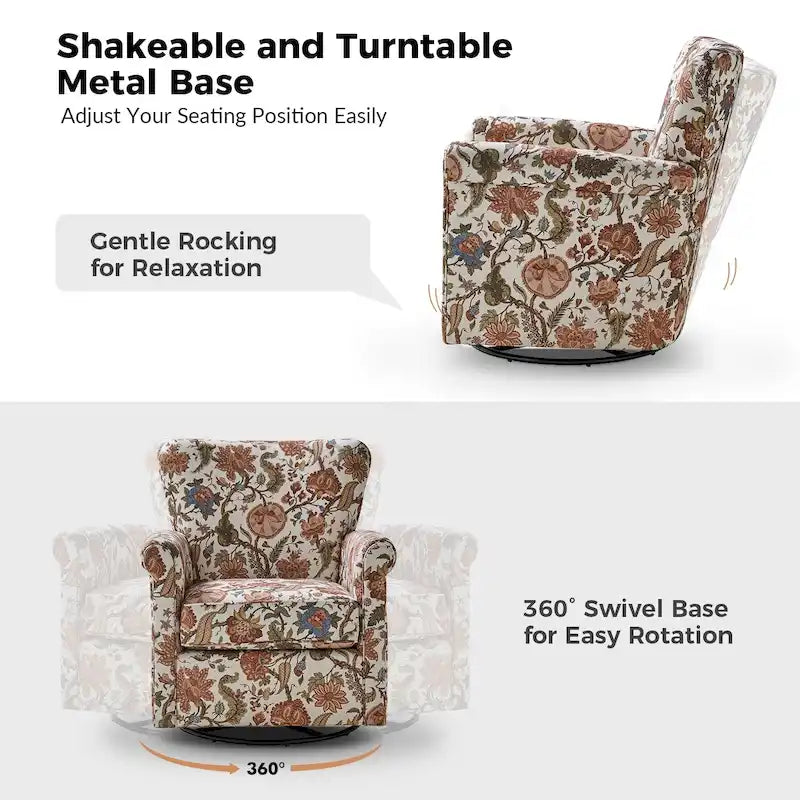 Georg Comfortable Floral Fabric Swivel Rocker Chair with Rolled Armrest by HULALA HOME