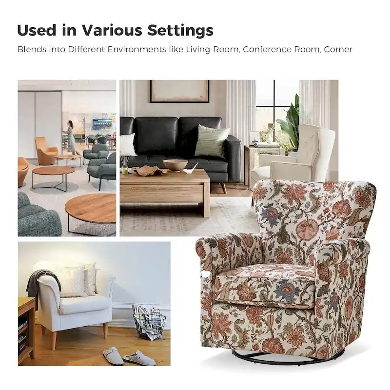 Georg Comfortable Floral Fabric Swivel Rocker Chair with Rolled Armrest by HULALA HOME