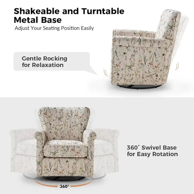 Georg Comfortable Floral Fabric Swivel Rocker Chair with Rolled Armrest by HULALA HOME