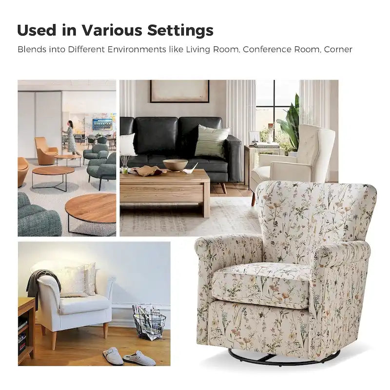 Georg Comfortable Floral Fabric Swivel Rocker Chair with Rolled Armrest by HULALA HOME