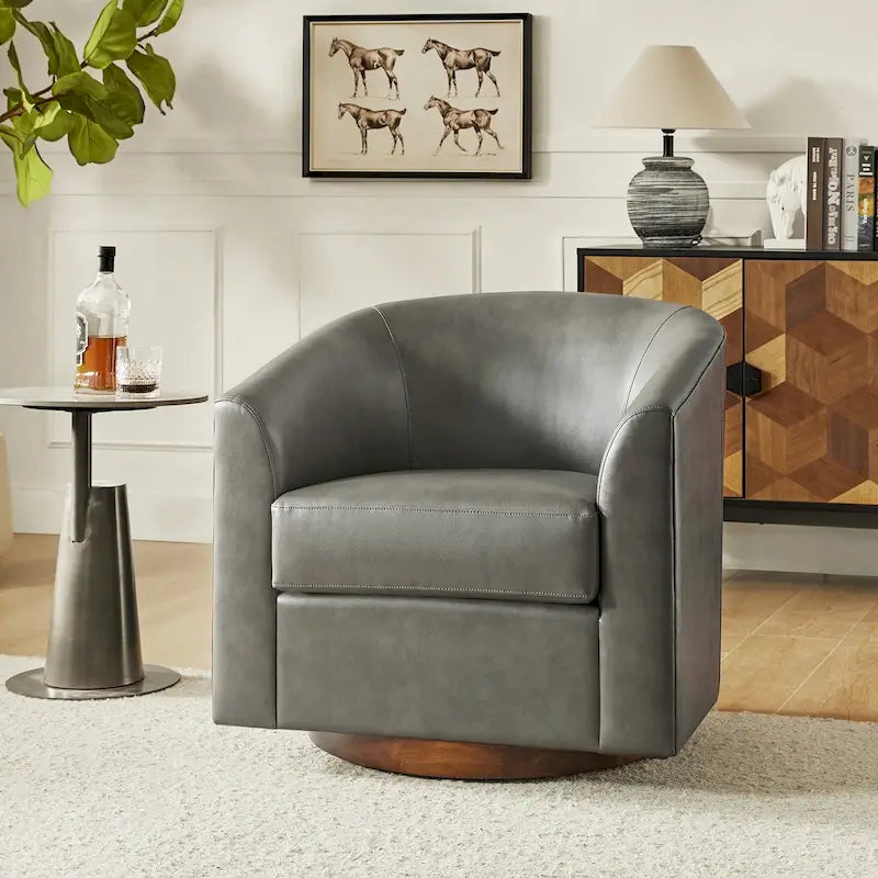 Silla moderna giratoria tipo barril Haley de cuero sintético con base de madera maciza de HULALA HOME
