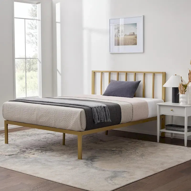 Metal Platform Bed with Vertical Bar Headboard