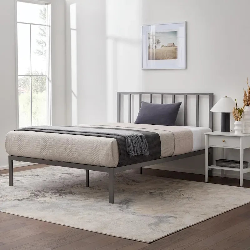 Metal Platform Bed with Vertical Bar Headboard