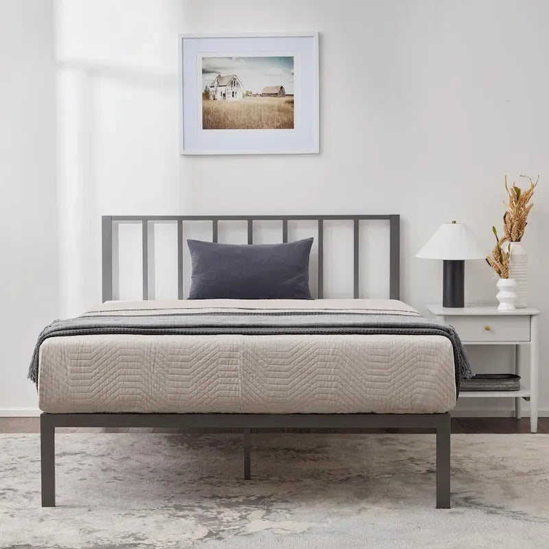 Metal Platform Bed with Vertical Bar Headboard