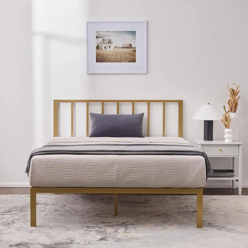 Metal Platform Bed with Vertical Bar Headboard