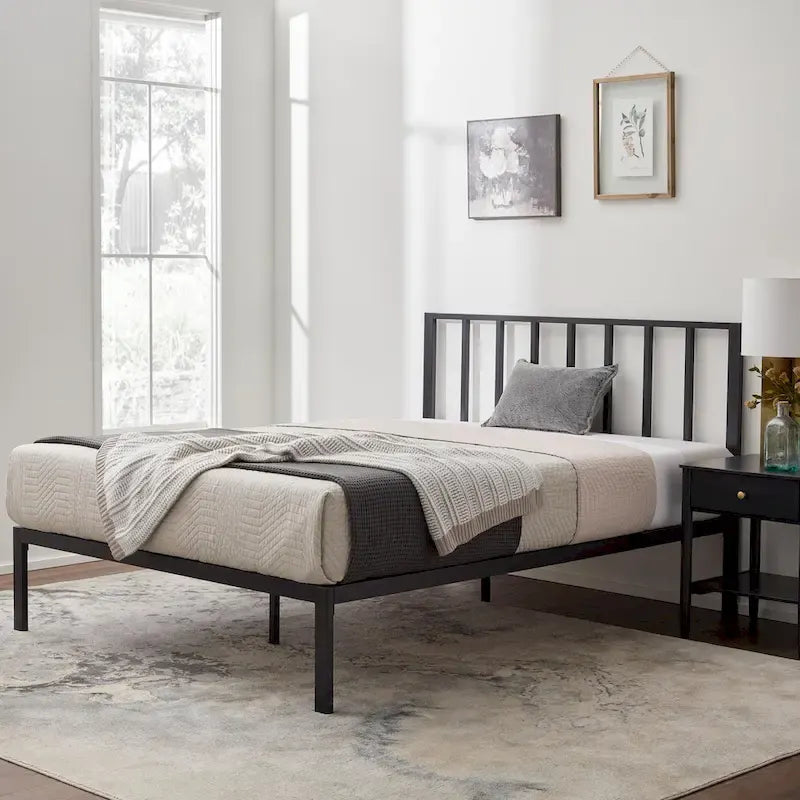 Metal Platform Bed with Vertical Bar Headboard